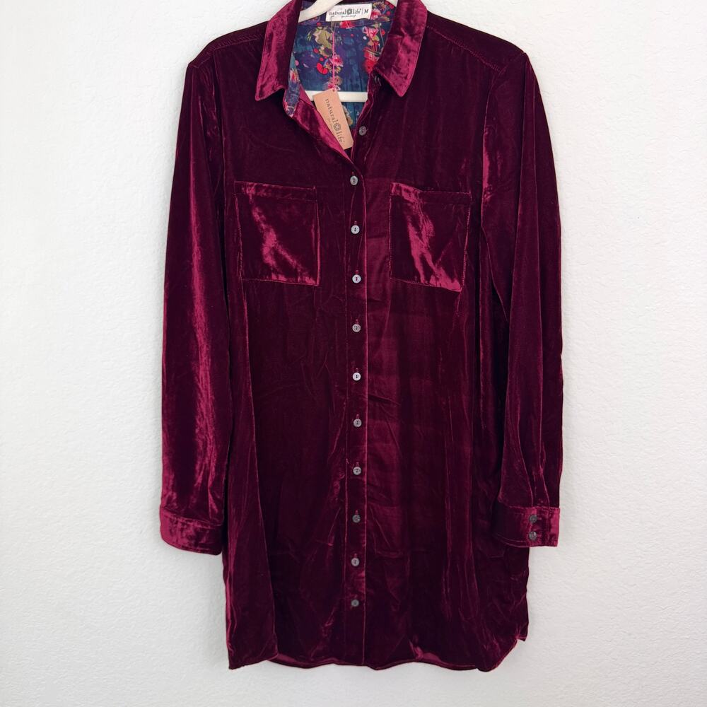 Natural Life Womens Velvet Button Shirt Dress Size M Floral Winter Cranberry Red